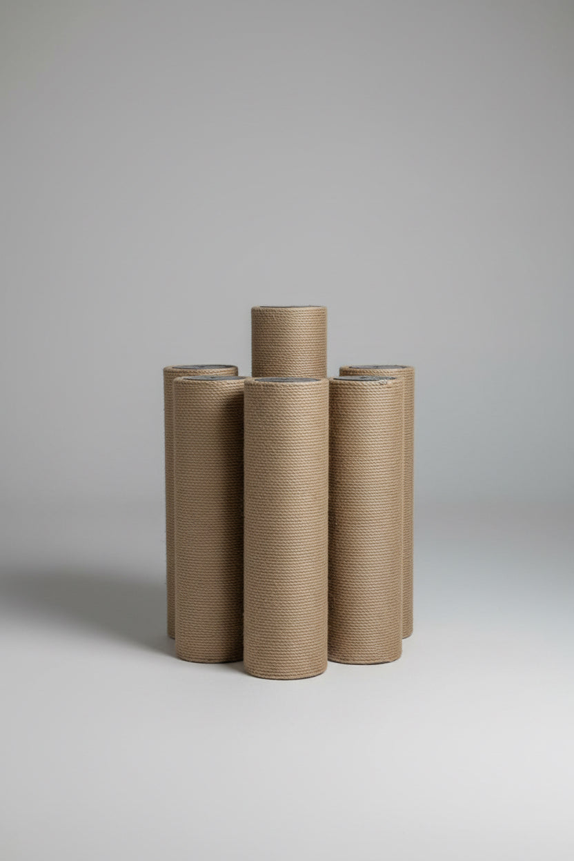 Three rolls of brown paper towel on a cardboard box