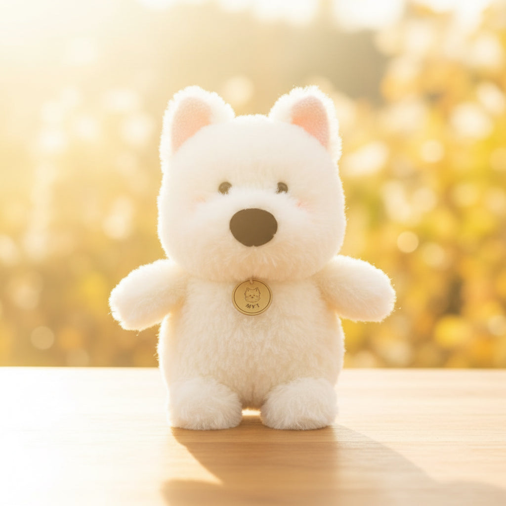 White plush bear toy with a black nose 
