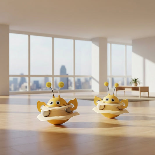 Two toy figures on a wooden surface 