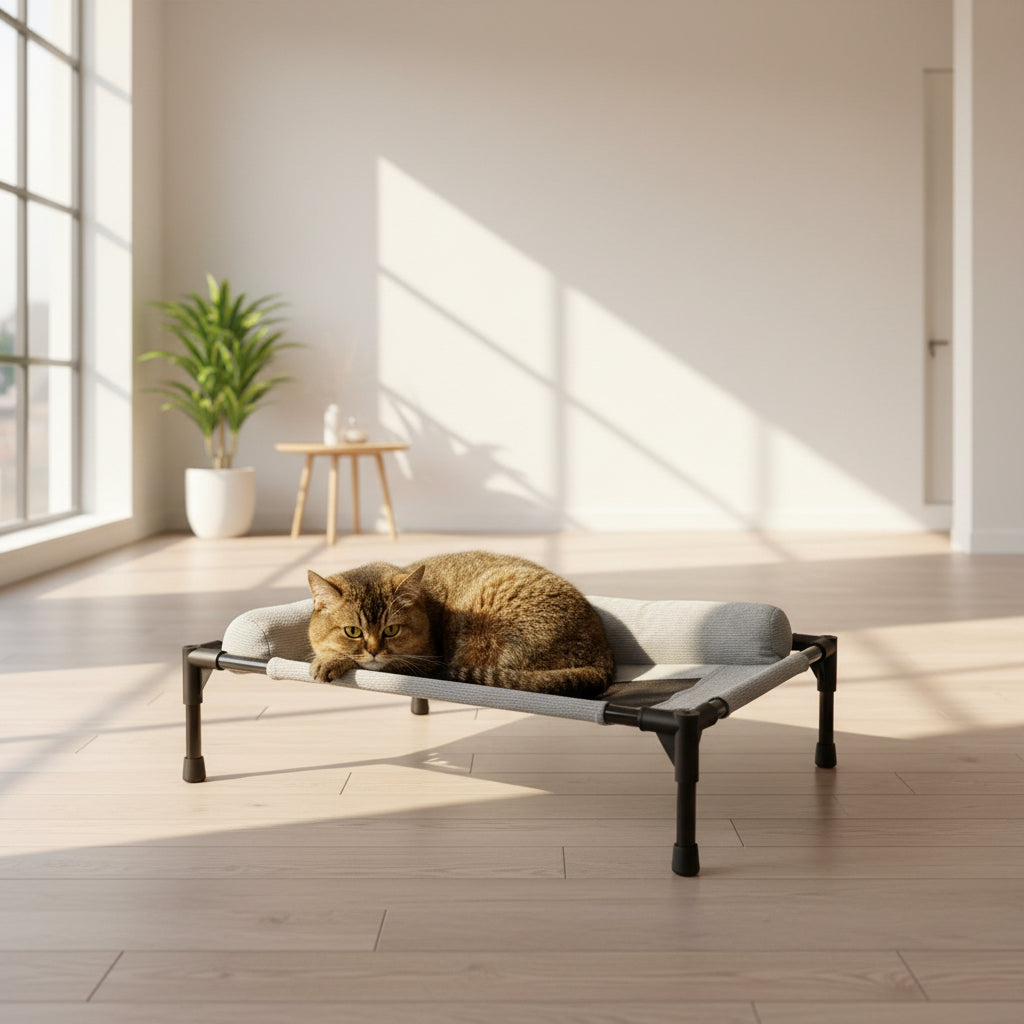 Cat lying on a elevated pet bed in a room with wooden flooring.