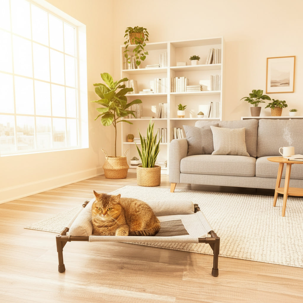 Cat lying on a pet bed in a room 