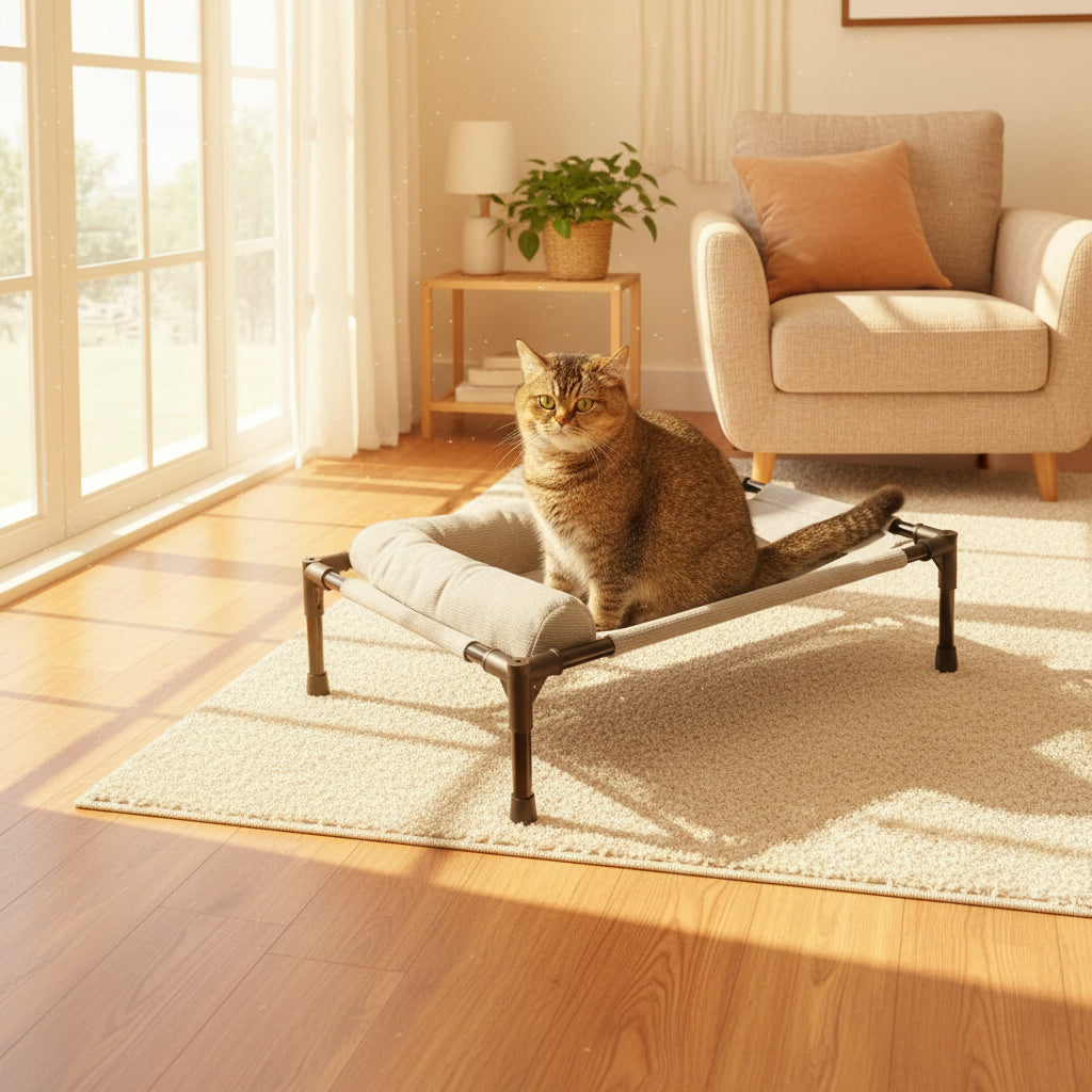 Cat sitting on a gray pet hammock 