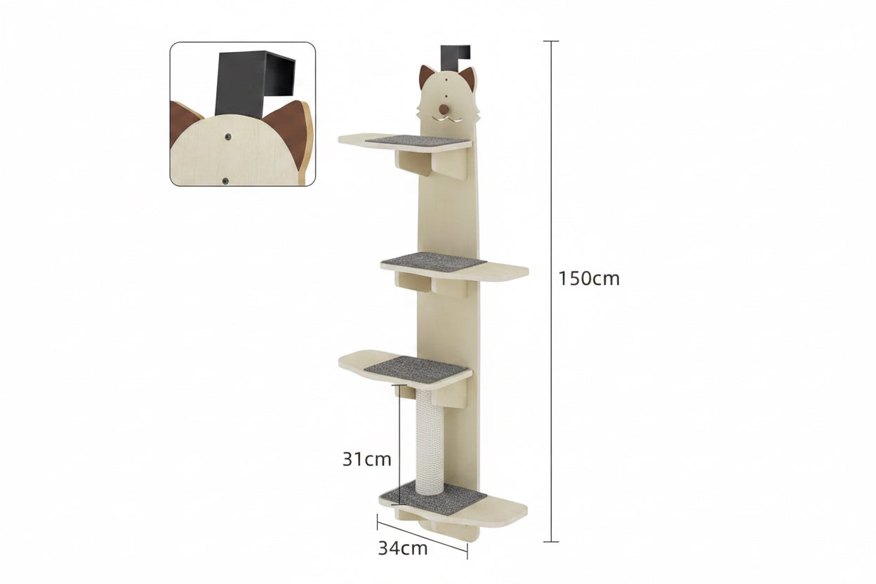 Cat tree with dimensions labeled on a white background