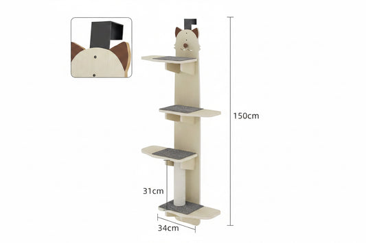 Cat tree with dimensions labeled on a white background