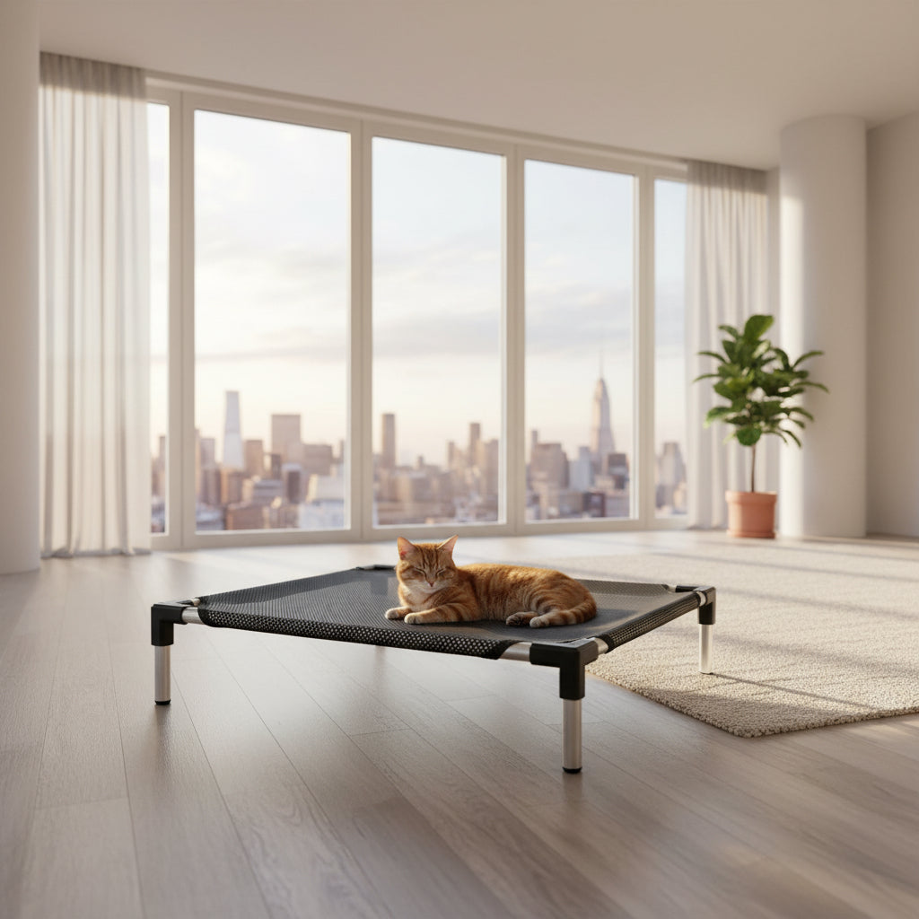 Cat bed on a wooden floor with 