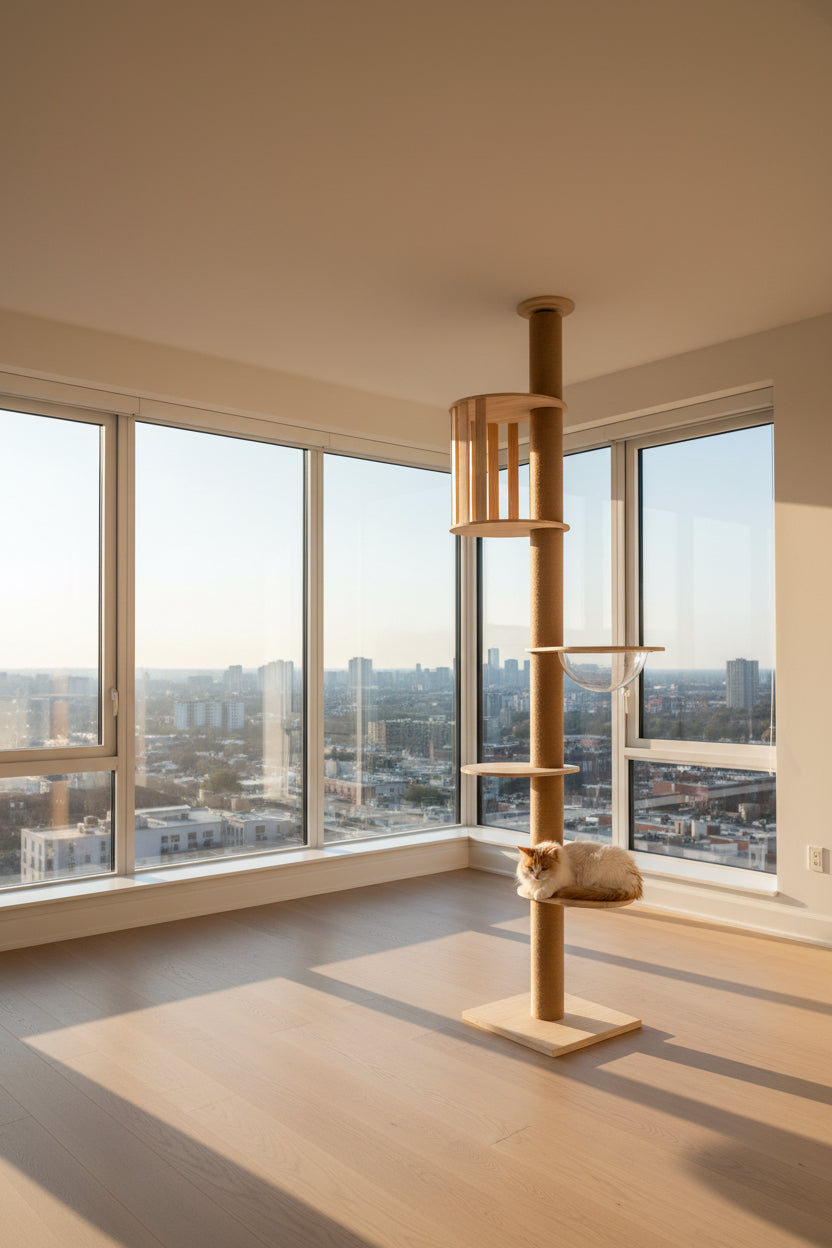 Wooden cat tree with multiple levels and a platform against a plain wall.