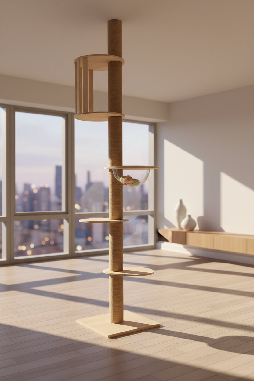 Cat leaping from a cat tree towards a man in a room with light blue walls.