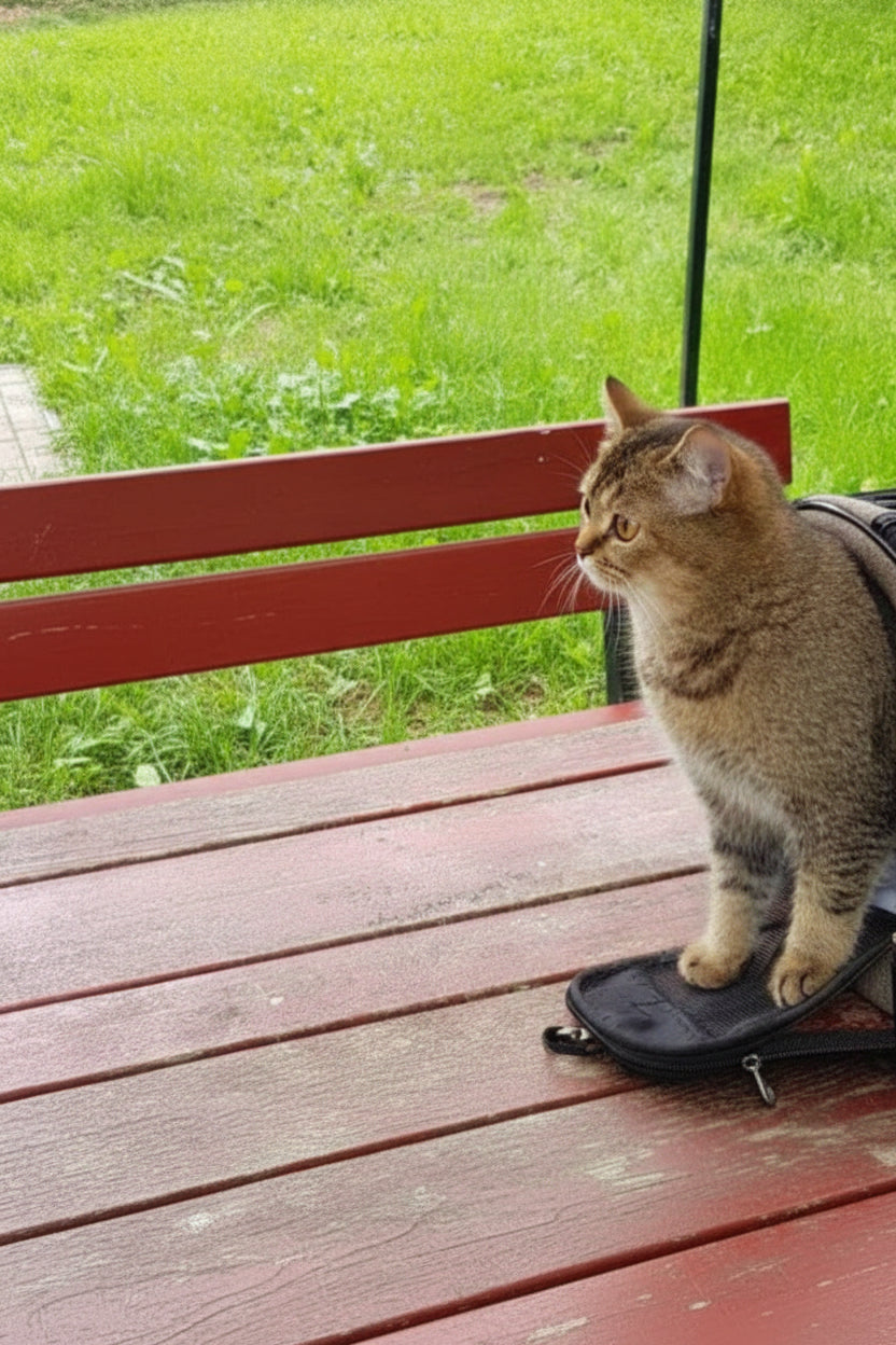  a cat on a chair outdoors.